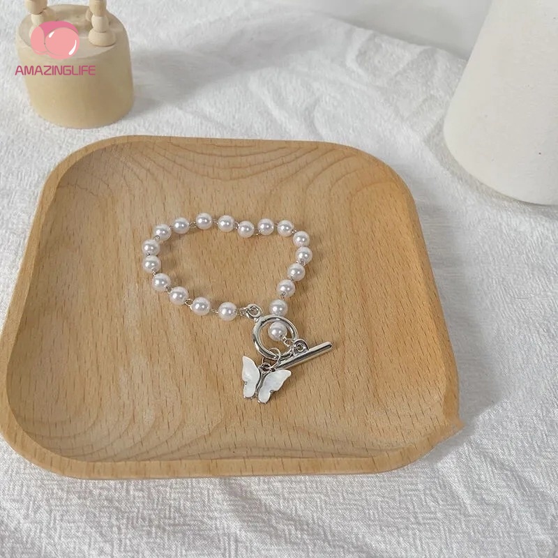 Vòng Tay Chuỗi Hạt Ngọc Trai / Bạc Mặt Hình Bướm Màu Sắc Ngọt Ngào Thanh Lịch