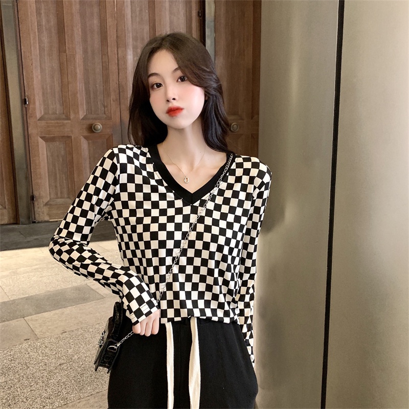 Áo thun ZHELIHANGFEI tay dài cổ chữ V họa tiết sọc caro thời trang