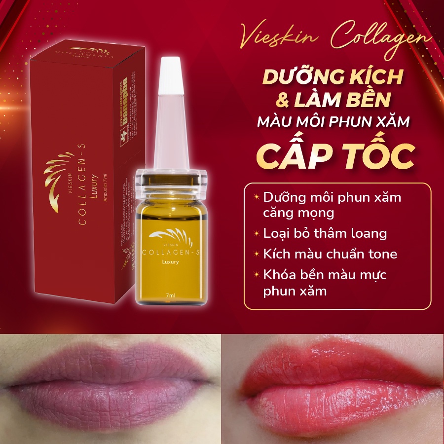 Tinh chất collagen tươi Vieskin Luxury dưỡng môi sau phun xăm, kích màu sắc nét, tự nhiên, siêu căng bóng, lọ 7ml