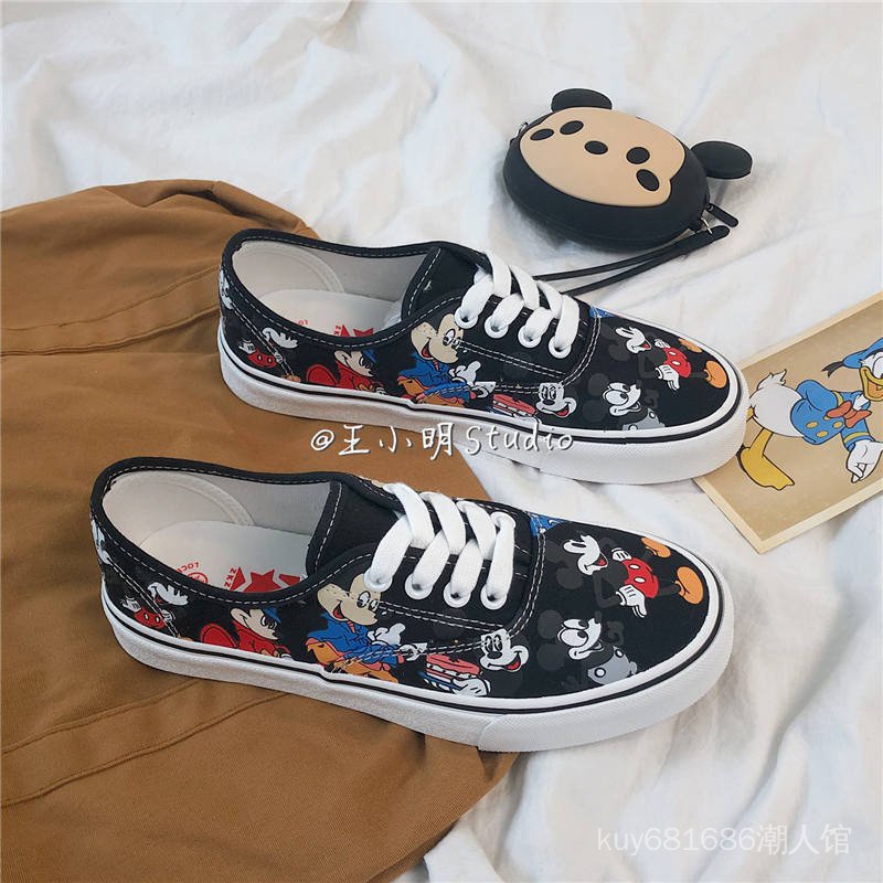 Giày vải Canvas cổ thấp in hình chuột Mickey kiểu Hàn Quốc thời trang mùa hè 2021