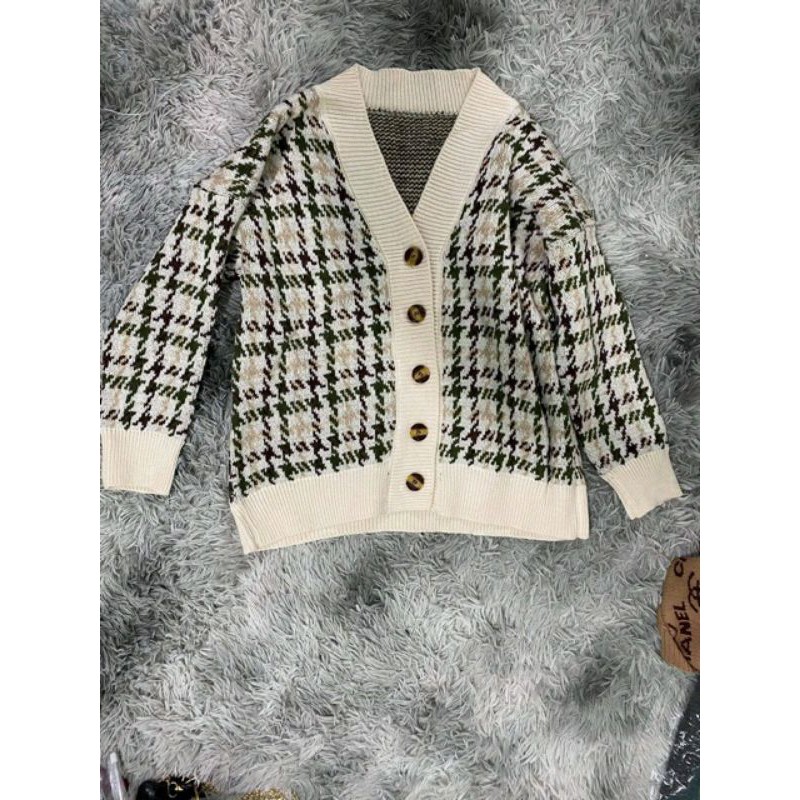 Hàng Sẵn_ Áo khoác len nữ cổ V houndstooth retro phong cách Hàn Quốc ulzzang