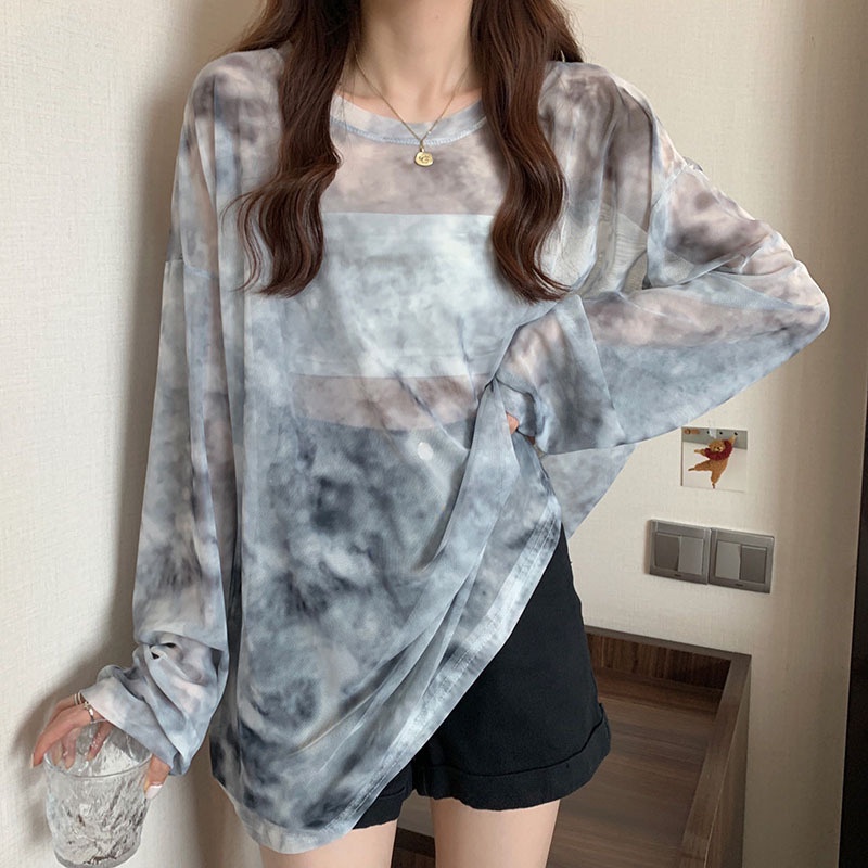 Áo Thun Nữ Tay Dài Dáng Rộng Màu Nhuộm Trong Suốt Thời Trang