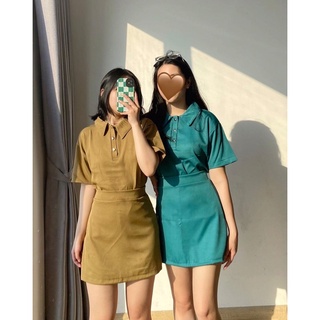 Set 2 món áo pull polo kèm chân váy trơn