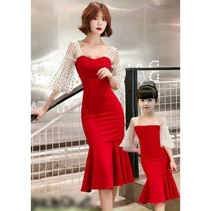 Đầm dáng ôm đuôi cá vai chấm bi cho mẹ và bé, váy ôm body dạo phố dự tiệc - KHV