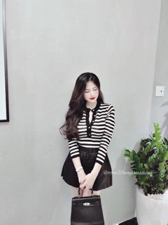 Áo len kẻ khuy kẻ đen trắng