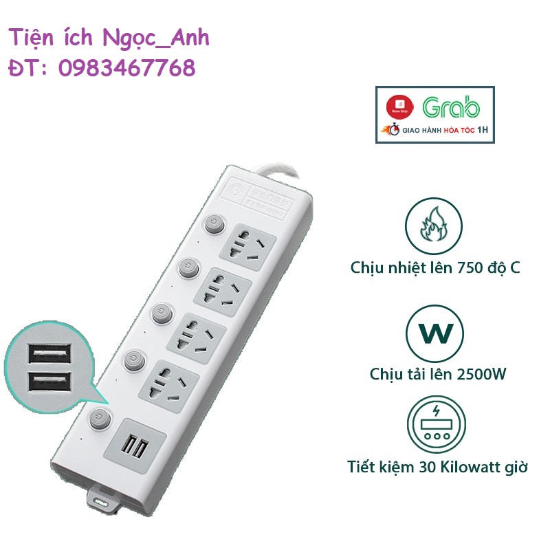 Ổ cắm điện với phích 2 chấu(Hàng loại 1), ổ điện đa năng thông minh 2 cổng USB 5v sạc nhanh, chịu tải 2500W.