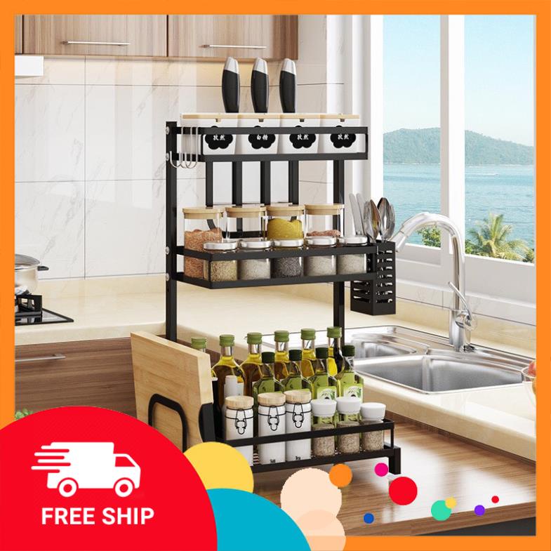 (HOT + FREESHIP) KỆ GIA VỊ nhà bếp 3 tầng kèm giá dao thớt đũa thìa thép sơn tĩnh điện 5 lớp chống rỉ CAO CẤP