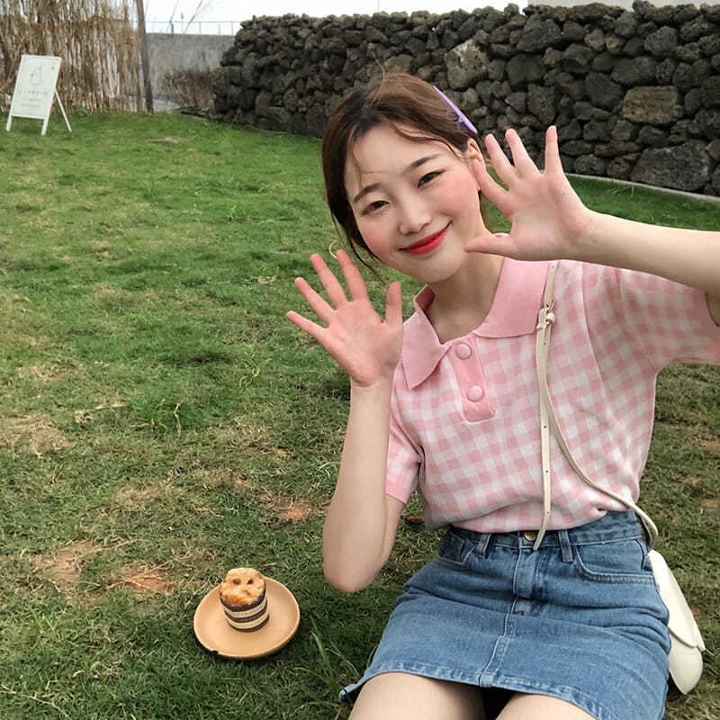 Áo polo COZOKC dệt kim tay ngắn dáng ôm kẻ sọc caro cá tính