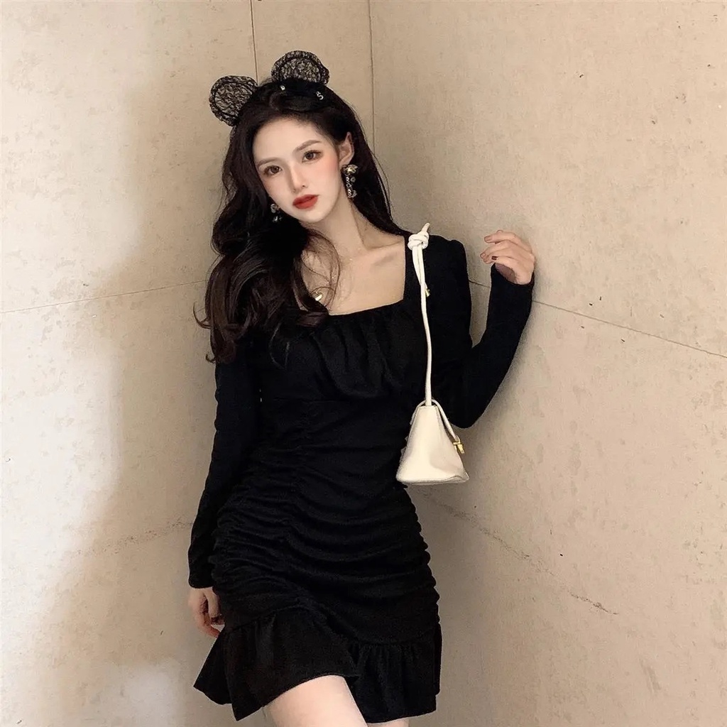Đầm Ngắn Cổ Vuông Xếp Ly Kiểu Hàn Quốc Thời Trang Dự Tiệc đầm dạ hội 4ZAF89