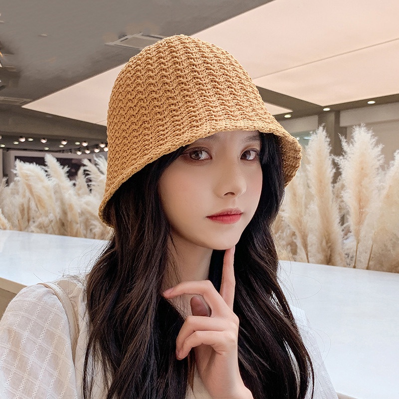 Nón Bucket Đan Cói Màu Trơn Phong Cách Hàn Quốc Thời Trang Xuân Hè Cho Nữ