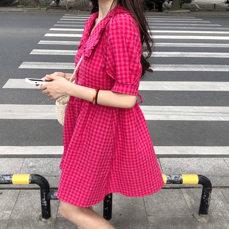 Váy Babydoll Kẻ Hồng Dáng Ngắn Siêu Xinh
