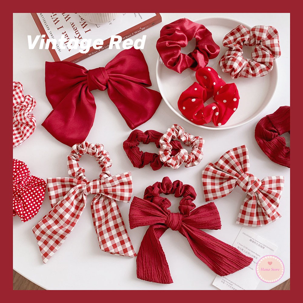 Cột tóc scrunchies-bst cột tóc màu đỏ phong cách nàng thơ Pháp