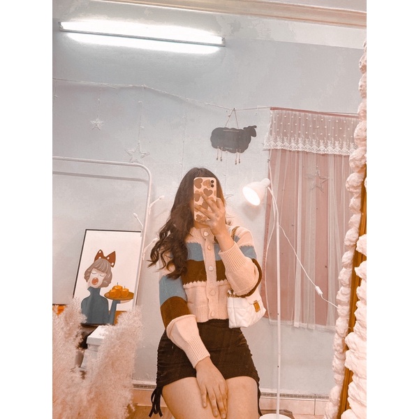 Áo cardigan len dáng ngắn phối màu vintage phong cách hàn quốc | BigBuy360 - bigbuy360.vn