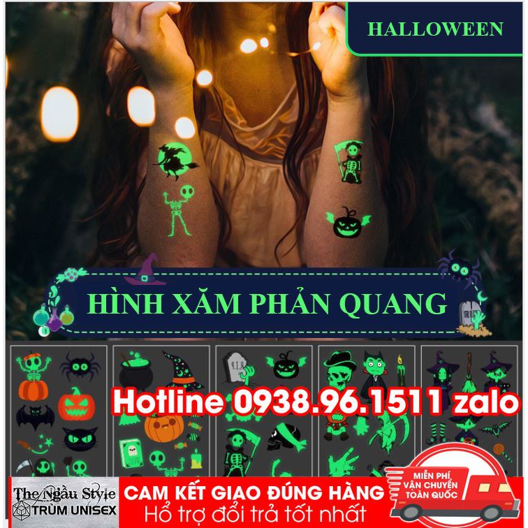 Tấm dán HÌnh xăm tatoo Nam Nữ Dạ Quang trong đêm Halloween aothununisex