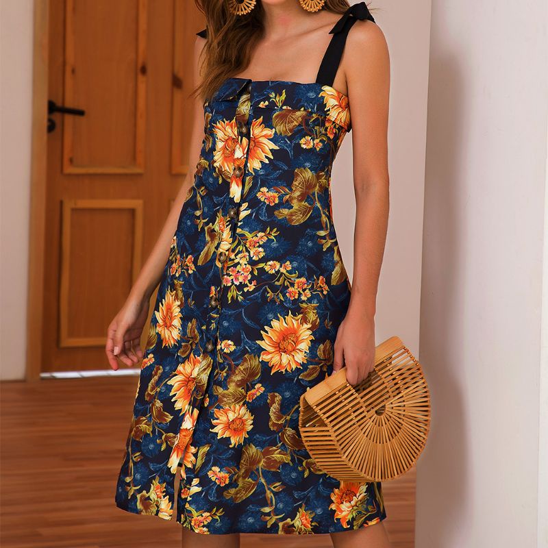 Xiangbao Đầm Hai Dây Cài Nút Họa Tiết Hoa Hướng Dương Phong Cách BOHO Mùa Hè Cho Nữ