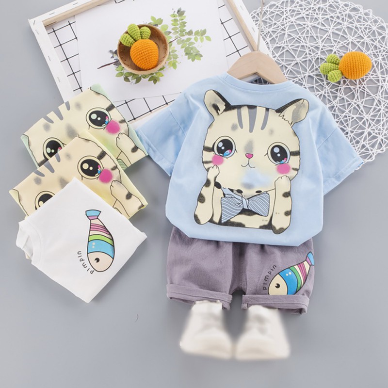 Set áo thun ngắn tay cổ tròn + quần short đáng yêu cho bé trai