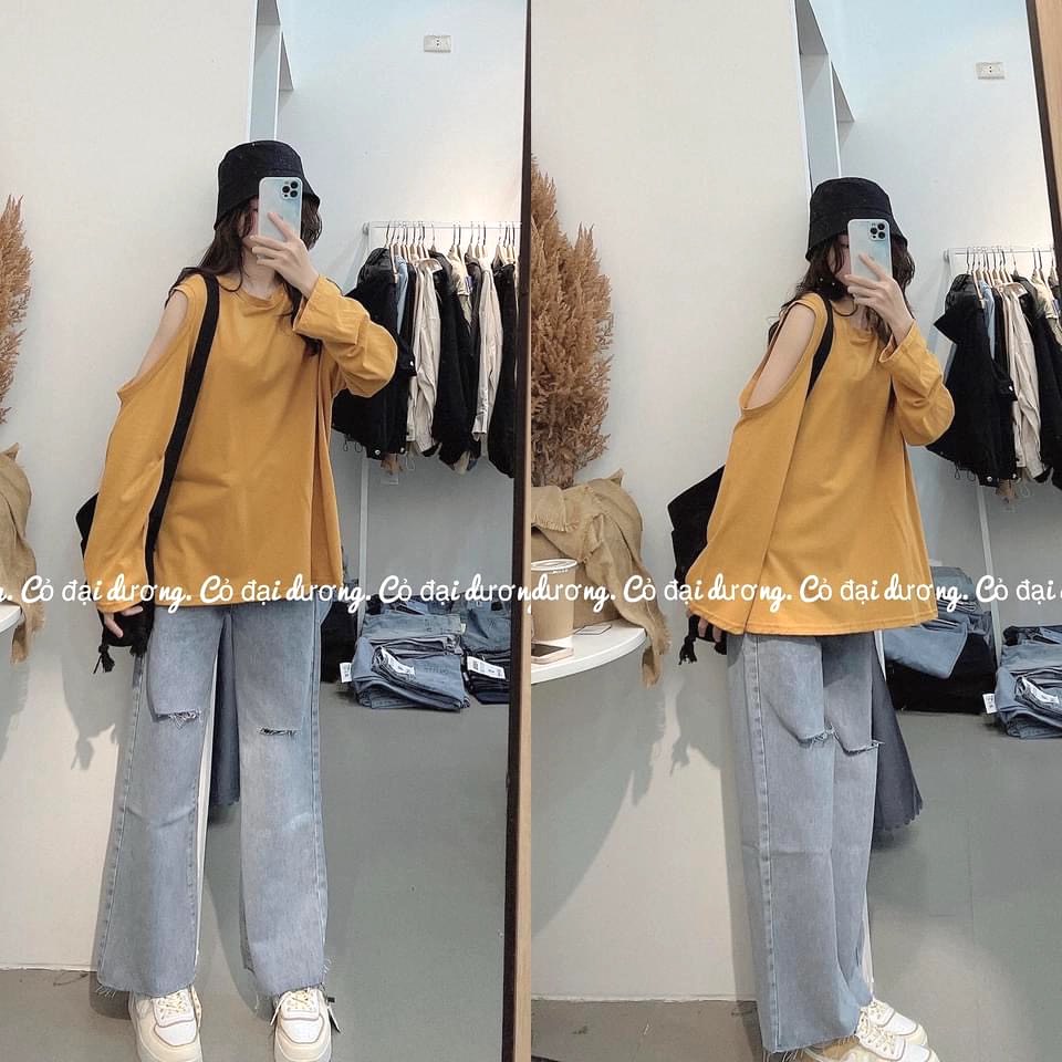 Áo Phông Trơn Dài Tay Khoét Vai Nữ  Nana's House - FREESHIP  Thun cổ tròn dáng suông, thiết kế phá cách, nổi bật