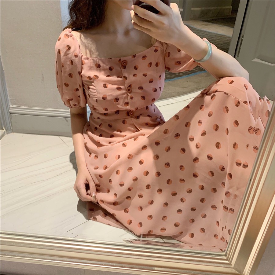 Đầm dáng xòe ngắn tay phối họa tiết chấm bi trẻ trung dành cho nữ | BigBuy360 - bigbuy360.vn