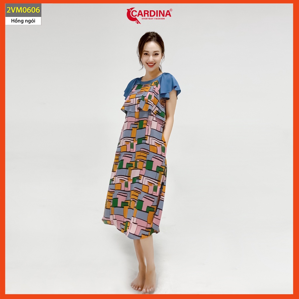 Đầm nữ CARDINA chất lụa Mango cao cấp phối tay Raglag dáng suông họa tiết tinh tế 2VM06