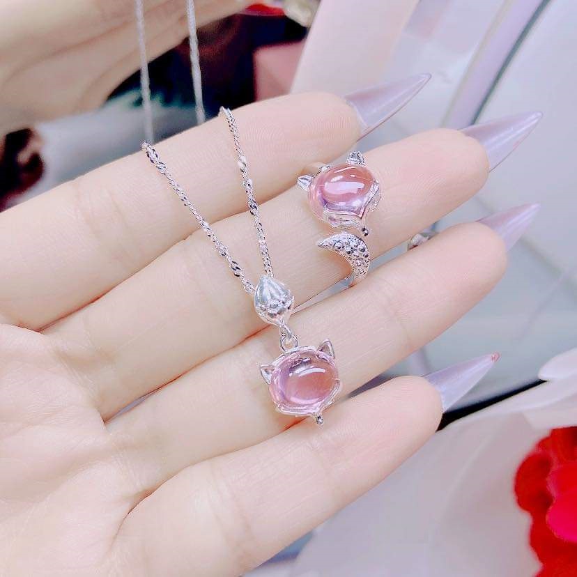 Dây chuyền, Nhẫn hồ ly bạc Ý đính đá màu phong thủy - Trang sức bạc Evasilver