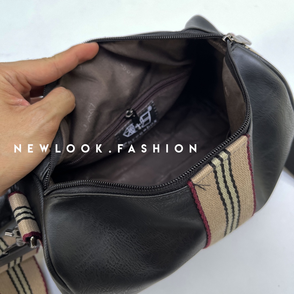 ★ TÚI ĐEO CHÉO DẠNG TRỐNG DA PU PHỐI DÂY VẢI BỐ THÁO RỜI THỜI TRANG NAM NỮ UNISEX