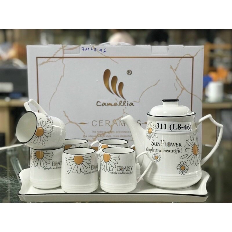 Bộ bình ly uống trà kèm khay bằng sứ cao cấp nguyên hộp làm quà tặng sang trọng