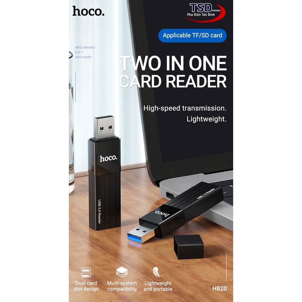 Đầu Đọc Thẻ Nhớ 2.0 / 3.0 Hoco HB20 Chính Hãng, Khe Cắm Thẻ SD &amp; Micro SD