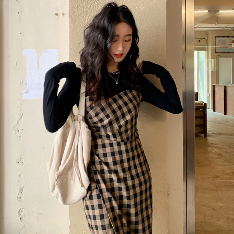 Đầm ôm dài tay cổ tròn sọc ca rô thời trang Hàn