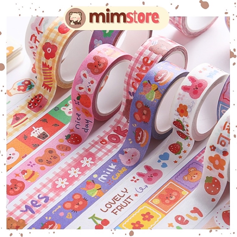 Cuộn băng dính washi nhiều màu sắc hoạ tiết xinh xắn trang trí sổ sách, góc học tập - Mim Store