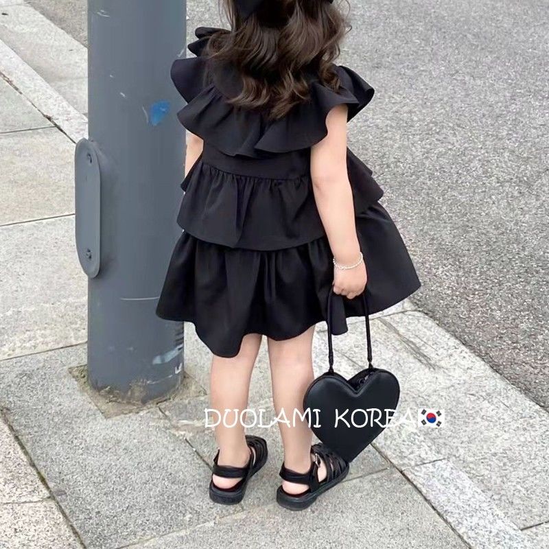 [Babycat] Hàng Có Sẵn Đầm Sát Nách Phối Bèo Màu Đen Phong Cách Hàn Quốc Nhật Bản Cao Cấp Thời Trang Mùa Hè Dành Cho Bé Gái