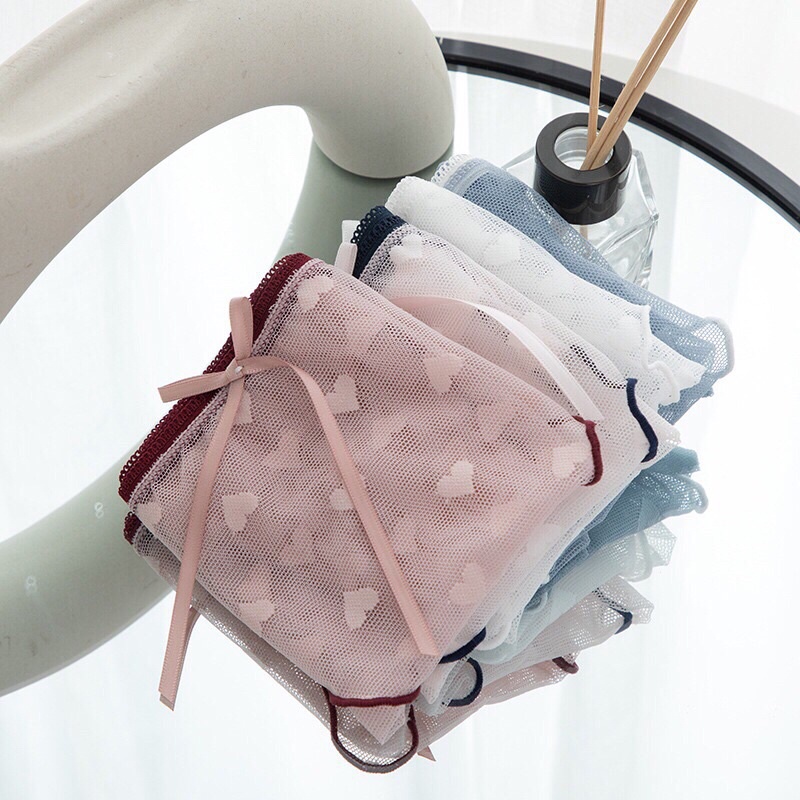 Quần lót nữ ren lưới thêu tim sexy quyến rũ viền may bo gợi cảm size L XL bigsize T31