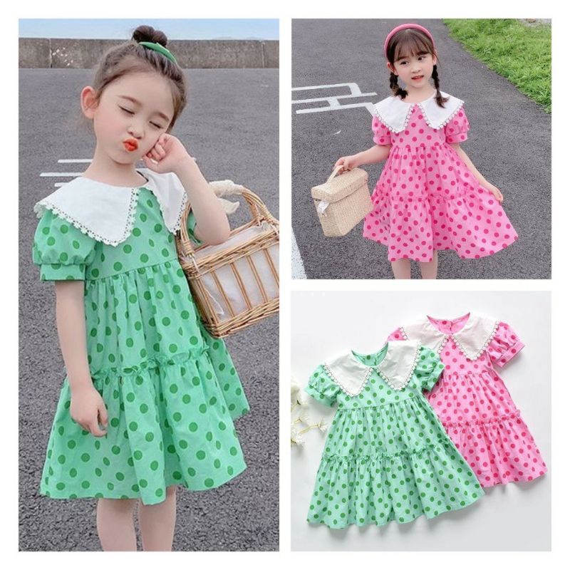 Váy bé gái chấm bi cổ ren - Đầm  cho bé chất đũi mềm mát size 8 - 27ky