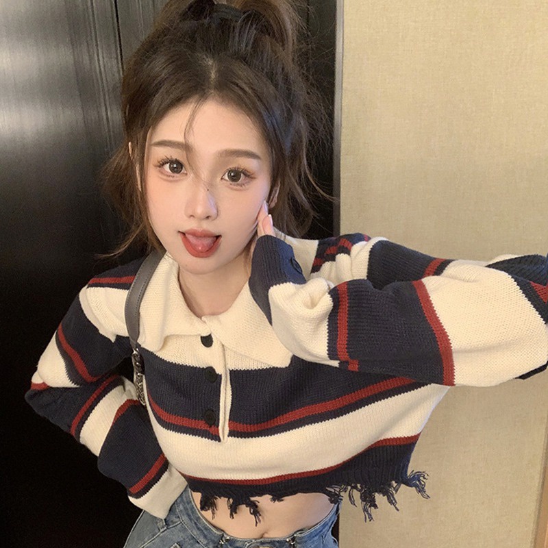 Áo Croptop Dệt Kim Tay Dài Kẻ Sọc Phối Tua Rua Thời Trang Vintage Hàn Quốc Cho Nữ