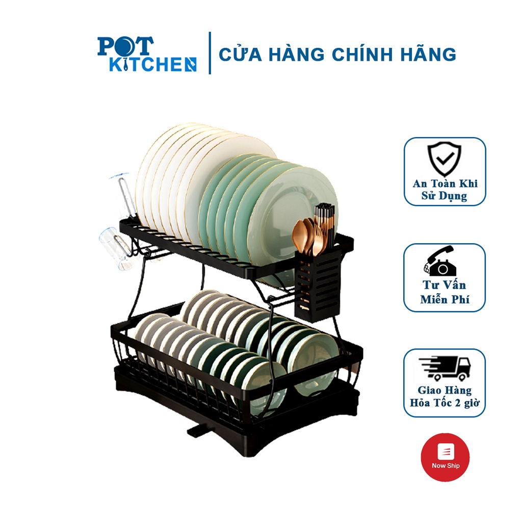 Kệ úp bát đĩa 2 tầng, giá đỡ đựng chén đĩa có khay thoát nước tiện lợi không rỉ sơn tĩnh điện POT KITCHEN