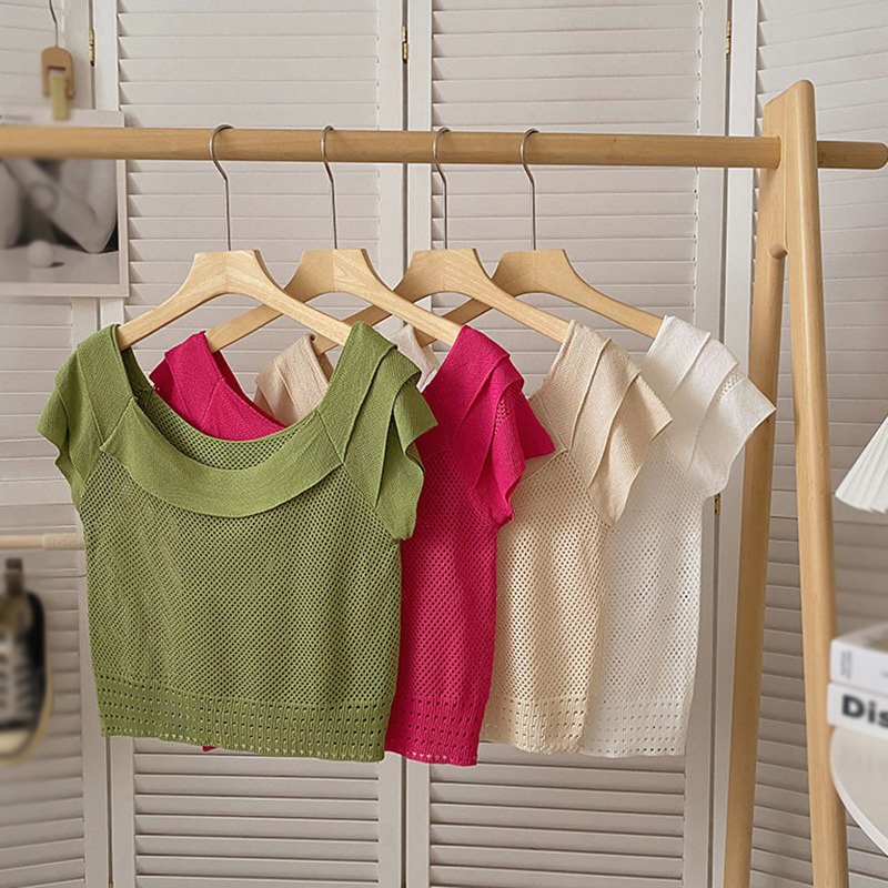 Áo Thun Tay Ngắn Cổ Tròn Thiết Kế Đục Lỗ Thời Trang Ngọt Ngào Cho Nữ