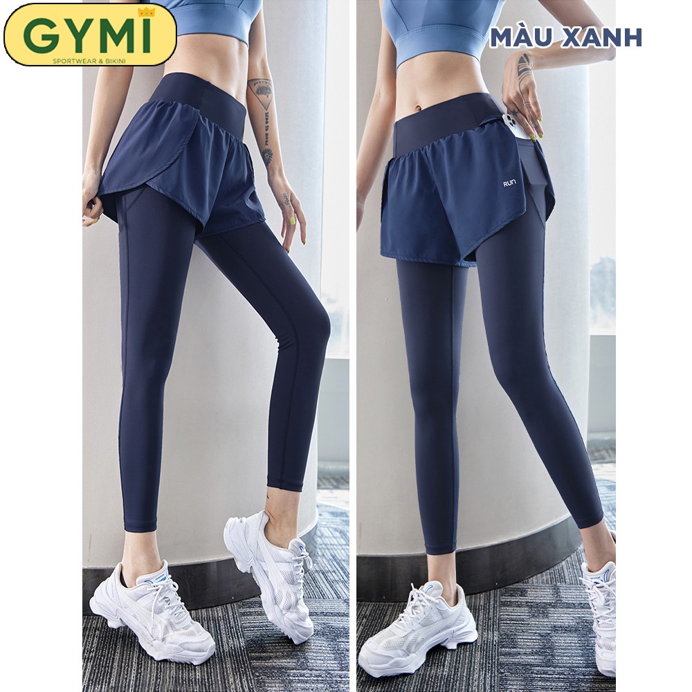 Quần tập gym yoga nữ thun lạnh GYMI QD28 dáng legging có quần short phía trước chống lộ kèm túi dựng điện thoại