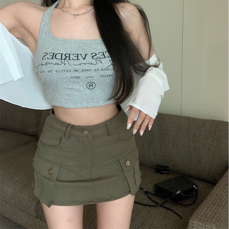 COZOKC Chân Váy Lưng Cao Phối Túi Phong Cách Retro Thời Trang