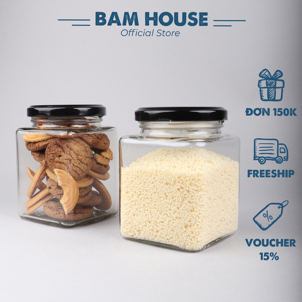Hủ thuỷ tinh vuông Bam House có nắp nhôm giúp bảo quản gia vị và thực phẩm tốt cao cấp HV01