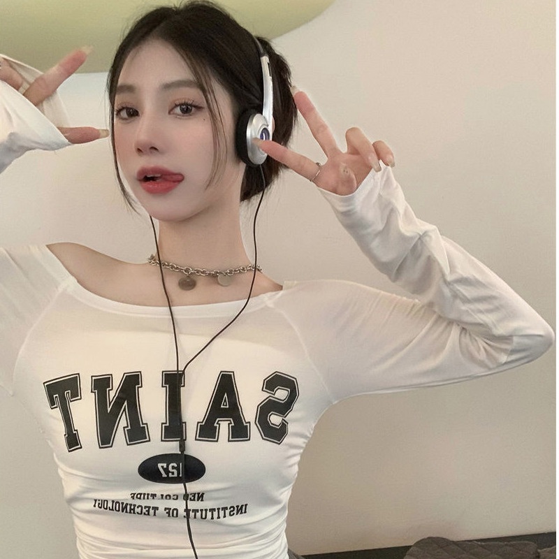 Áo Thun Tay Dài Lệch Vai Màu Trắng Phong Cách Cổ Điển Thời Trang Mùa Hè Xinh Xắn Cho Nữ