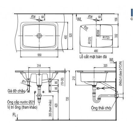 [Mã LIFEBKA5 giảm 10% tối đa 1 Triệu đơn 500k] Chậu Rửa Lavabo Inax L-2298V Âm Bàn Chữ Nhật