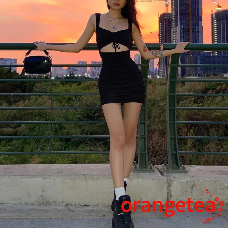 Ort-đầm Dây Rút Cổ Chữ V Hở Lưng Màu Trơn Hở Lưng Có Dây Rút Dành Cho Nữ