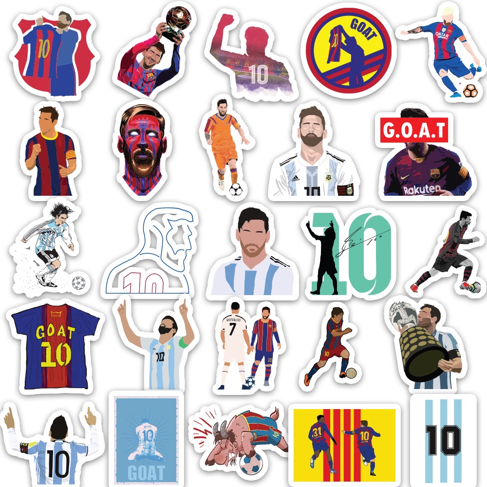 Set 50 cái Sticker Messi m10 dán mũ bảo hiểm, hình dán Messi chống nước, decal hình cầu thủ Messi