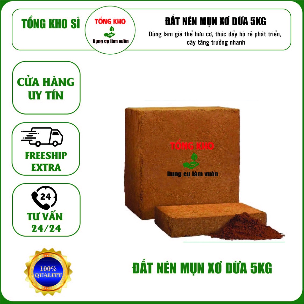 Đất nén hữu cơ MỤN XƠ DỪA 5KG siêu dinh dưỡng đã xử lý - Dùng trồng hoa cây cảnh, rau củ quả