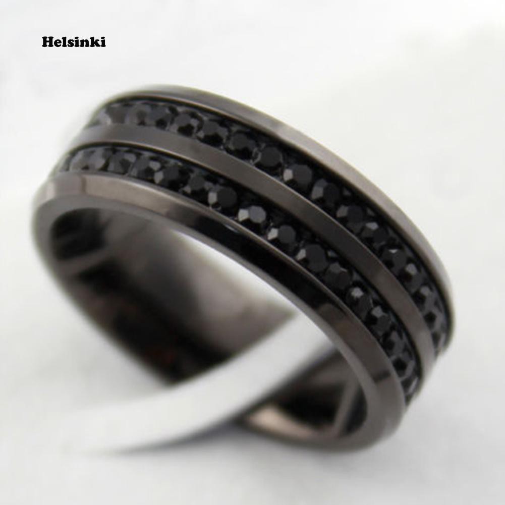 Nhẫn Cưới 2 Vòng Thép Không Gỉ Màu Đen Đính Hạt Pha Lê Size US 7-12