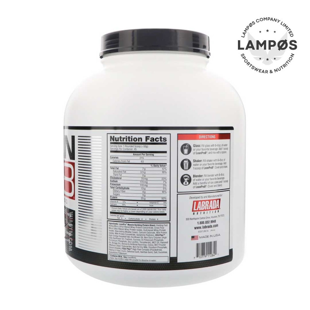 Labrada Lean Pro 8 vị Chocolate, Protein Cao Cấp Trải Dài, Nuôi Cơ Ngày Đêm (5 lbs, 45liều)