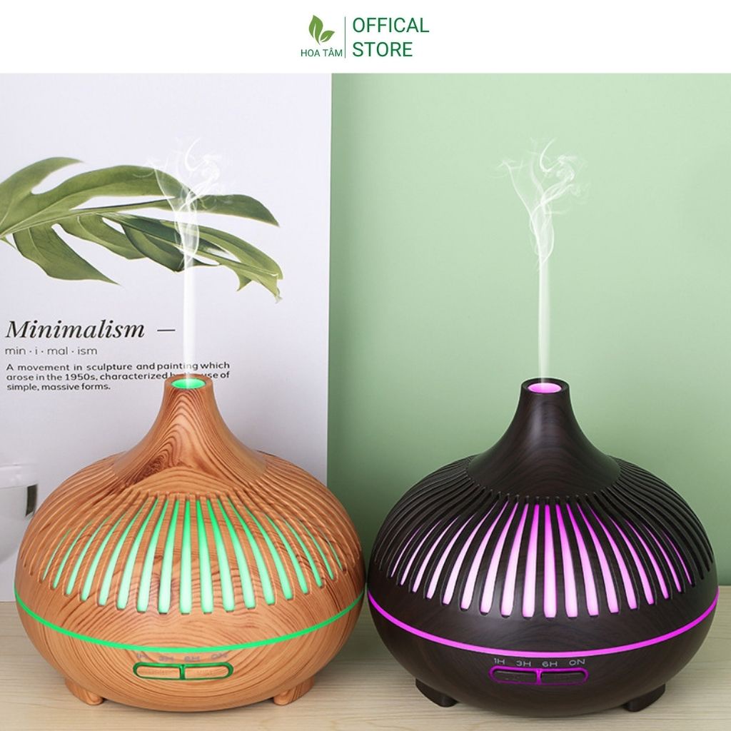 Máy xông tinh dầu phòng ngủ khuếch tán hương thơm, cổ cao vân gỗ, có điều khiển 550ml đèn led 7 màu