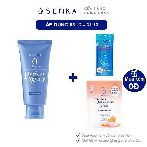 Combo Sữa Rửa Mặt Tạo Bọt Chiết Xuất Tơ Tằm Trắng Senka Perfect Whip 120g và Khăn Giấy Tẩy Trang 10 Miếng