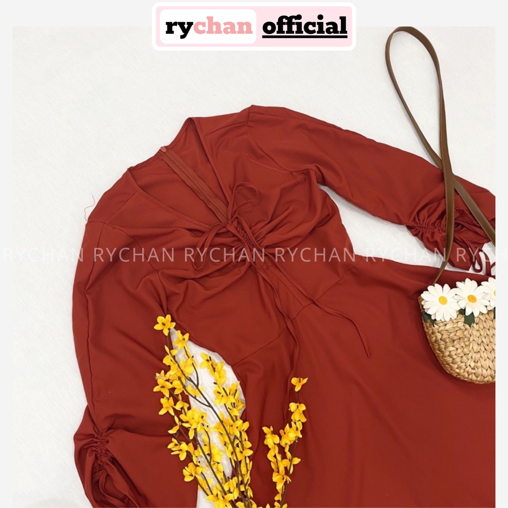 Đầm Suông Nữ Form Ngắn Cổ V Tay Dài Phồng Rút Dây Màu Đỏ Cực Trẻ Trung [ẢNH THẬT CUỐI] - DX9802