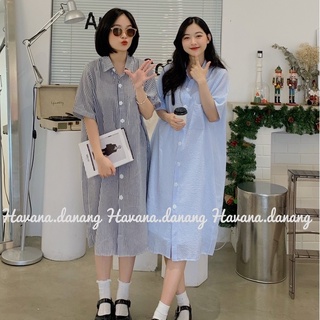 Đầm sơ mi sọc dọc, chất mỏng, chất sơ mi xốp