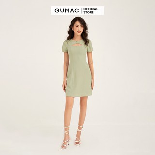Đầm body nữ GUMAC khoét ngực đính 2 nút, trẻ trung màu xanh DB185